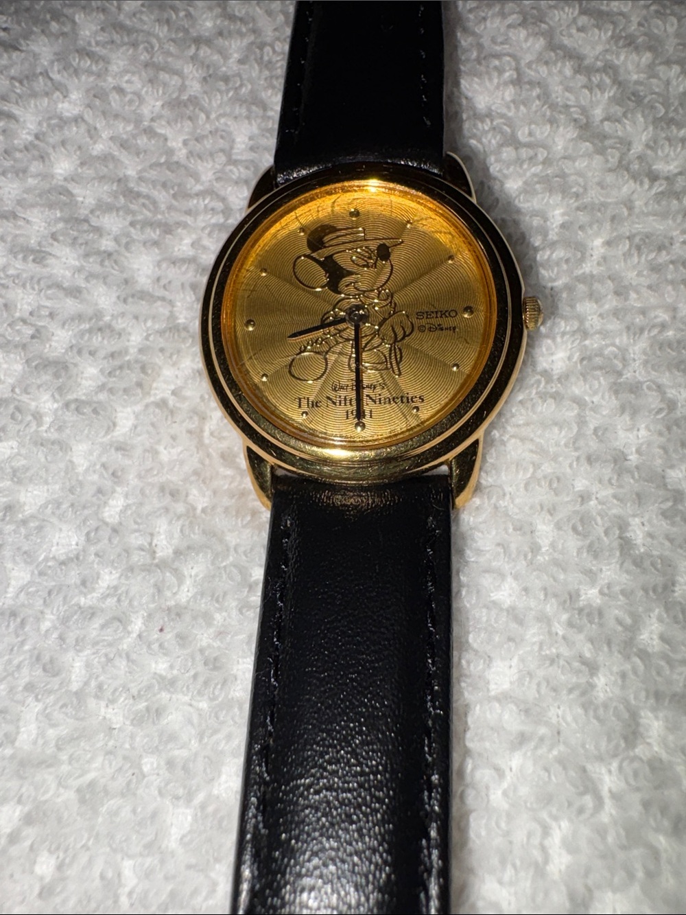 Seiko Gold Dial Mickey Mouse Nifty Nineties 1941 Watch New Black Leather Strap